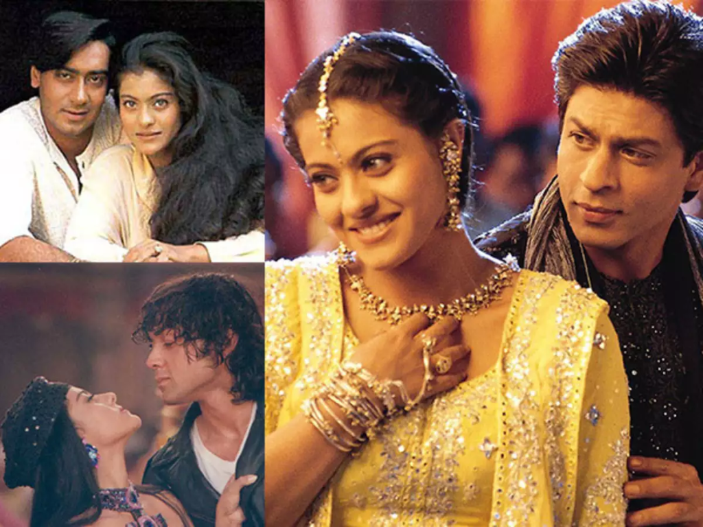 Bollywood actors Shah Rukh Khan, Aamir Khan, and Kajol in iconic friendship scenes