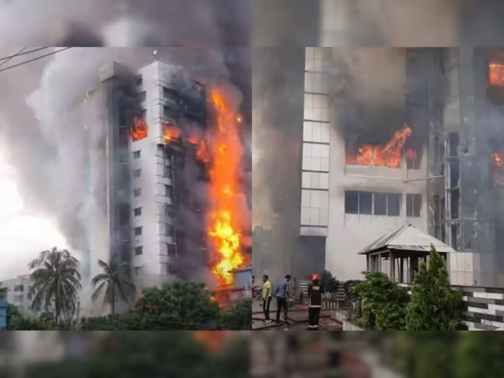 Scene of the burnt hotel in Dhaka following the tragic fire during the Bangladesh crisis.