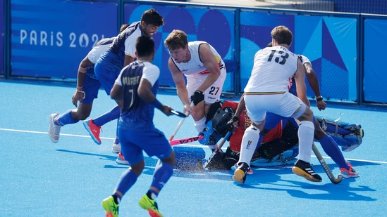 Indian hockey team in action during the semifinal match against Belgium at the Paris Olympics 2024.