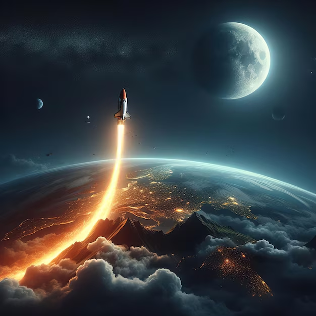 A rocket launching into space with a blue Earth in the background, symbolizing the advent of space tourism.